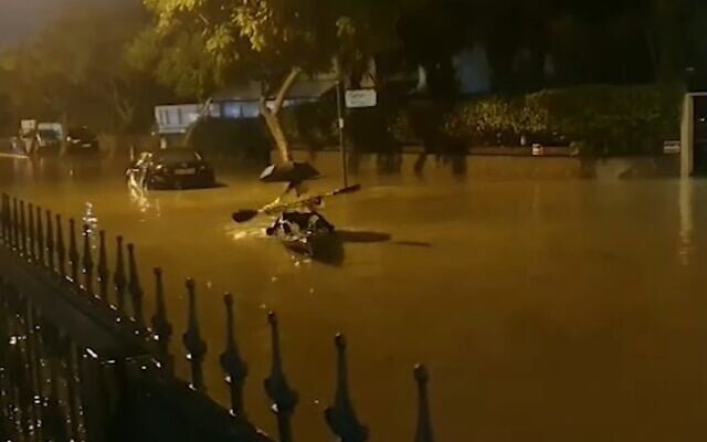 Des gens pagaient sur une route inondée dans la ville d'Ashkelon, dans le sud d'Israël, le
12 décembre 2019 (Capture d'écran YouTube) Des gens pagaient sur une route inondée dans la ville d'Ashkelon, dans le sud d'Israël, le
12 décembre 2019 (Capture d'écran YouTube)