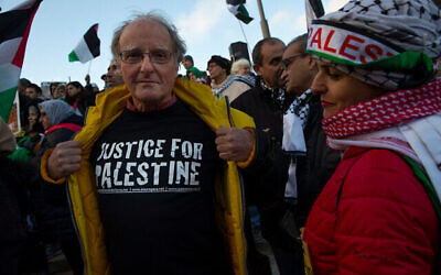 Des manifestants se rassemblent devant la Cour pénale internationale, CPI, pour demander instamment à la Cour de poursuivre l'armée israélienne pour crimes de guerre, à La Haye, Pays-Bas, le 29 novembre 2019. (AP Photo/Peter Dejong)