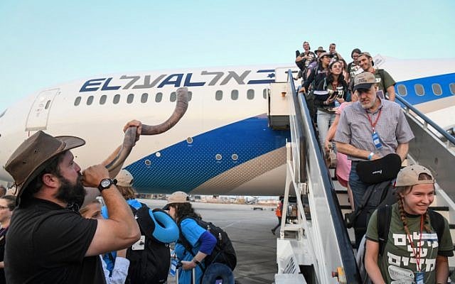 De nouveaux immigrants d'Amérique du Nord arrivant sur un vol spécial d'alyah organisé par l'organisation Nefesh BeNefesh, à l'aéroport international Ben Gurion, le 14 août 2019. (Crédit : Flash90) De nouveaux immigrants d'Amérique du Nord arrivant sur un vol spécial d'alyah organisé par l'organisation Nefesh BeNefesh, à l'aéroport international Ben Gurion, le 14 août 2019. (Crédit : Flash90)