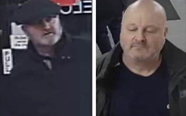 Deux hommes que la police britannique cherche à identifier après une agression verbale antisémite le 17 novembre 2019. (Greater Manchester Police à partir de séquences CCTV) Deux hommes que la police britannique cherche à identifier après une agression verbale antisémite le 17 novembre 2019. (Greater Manchester Police à partir de séquences CCTV)