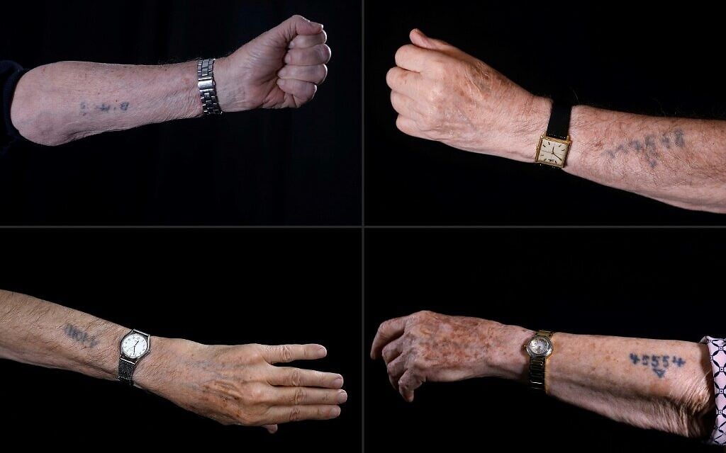 (MONTAGE) Les bras tatoués par les nazis de Avraham Gershon Binet, Szmul Icek, Menahem Haberman et Batcheva Dagan. (Crédit : MENAHEM KAHANA / AFP) (MONTAGE) Les bras tatoués par les nazis de Avraham Gershon Binet, Szmul Icek, Menahem Haberman et Batcheva Dagan. (Crédit : MENAHEM KAHANA / AFP)