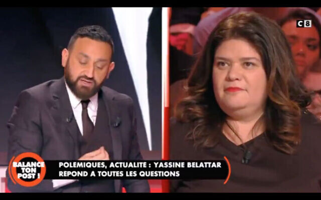 Capture d’écran de l’émission "Balance ton Post" sur la chaine C8, avec Cyril Hanouna et sa chroniqueuse Raquel Garrido. (Crédit : C8)