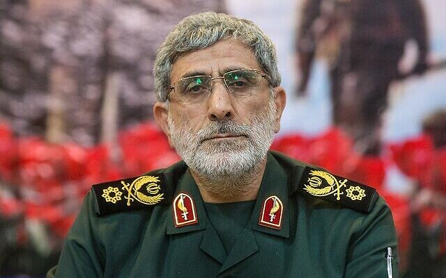 Esmaïl Qaani, nouveau chef de la force Al-Qods après la mort de son commandant Qassem Soleimani dans un raid américain sur l'aéroport de Bagdad le 2 janvier 2020. (Crédit : Twitter / Mahdi Bakhtiari) Esmaïl Qaani, nouveau chef de la force Al-Qods après la mort de son commandant Qassem Soleimani dans un raid américain sur l'aéroport de Bagdad le 2 janvier 2020. (Crédit : Twitter / Mahdi Bakhtiari)