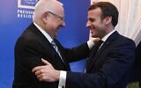 Le président Reuven Rivlin accueille le président français Emmanuel Macron à la résidence du président à Jérusalem, le 22 janvier 2020. (Haim Zach / GPO)