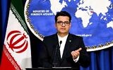 Abbas Mousavi, porte-parole du ministère iranien des Affaires étrangères, donne une conférence de presse dans la capitale Téhéran le 28 mai 2019. (Crédit : Atta Kenare/AFP)