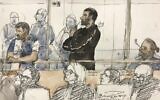 Ce croquis dressé le 4 février 2020, montre Gilbert Chikli (C) et Anthony Lasarevitsch (1er-g) lors de leur procès au palais de justice de Paris. (Crédit : Benoit PEYRUCQ / AFP)