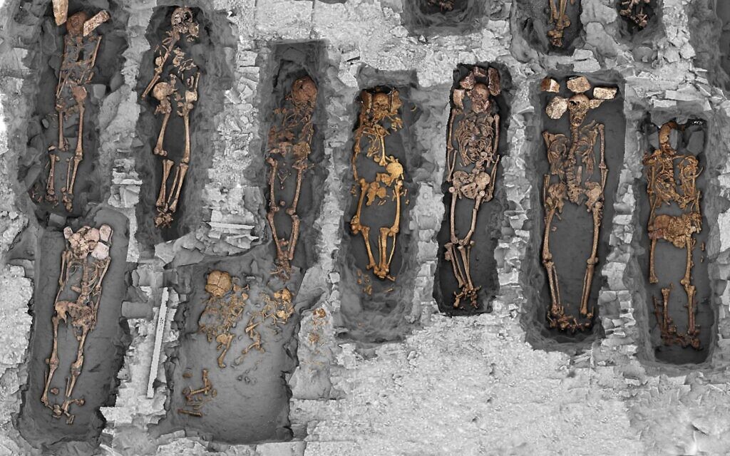Vue générale en occlusion ambiante des sépultures fouillées en 2018. Les tombes ouest-est sont disposées dans des rangées orientées nord-sud. Un espace de circulation interne au cimetière est perceptible dans la partie basse de la photo. Les recoupements entre fosses sont rares et ne portent jamais atteinte aux ossements. Cette organisation des tombes démontre la gestion rigoureuse et la rationalisation extrême de l’espace funéraire qui ne peut être obtenue que par une signalisation de surface pérenne. (Crédit : Philippe Blanchard/H. Holzem/Inrap)