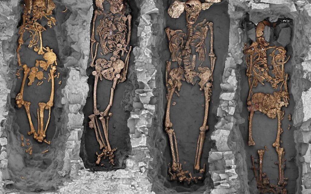 Campagne de fouille 2018 dans le présumé cimetière juif de Châteauroux. Vue groupée en occlusion ambiante des sépultures S28, S26, S32 et S38. On observe au niveau du crâne des calages avec des blocs calcaires. (Crédit : Philippe Blanchard/H. Holzem/Inrap)