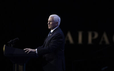 Le vice-président Mike Pence s'exprime lors de la conférence 2020 de l'American Israel Public Affairs Committee (AIPAC), le 2 mars 2020, à Washington. (AP Photo/Alex Brandon)