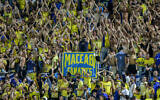 Des fans du Maccabi Tel Aviv se réjouissent lors du match de football retour du tour préliminaire de la Ligue des champions de l'UEFA entre le FC Basel 1893 et le Maccabi Tel Aviv au stade Bloomfield de Tel Aviv, le 25 août 2015. (Crédit : Yonatan Sindel/Flash90)