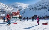 Des Israéliens font du ski et du snowboard après les chutes de neige sur le mont Hermon et l'ouverture du domaine skiable pour la saison, dans le nord d'Israël, le 11 janvier 2019. (Crédit : Basel Awidat/Flash90)