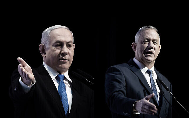 Une photo composite montrant le Premier ministre Benjamin Netanyahu, à gauche, et le chef du parti Kakhol lavan, Benny Gantz, à droite, s'exprimant séparément lors d'une conférence de presse à Jérusalem, le 8 décembre 2019. (Crédit : Yonatan Sindel / Hadas Parush / Flash90) Une photo composite montrant le Premier ministre Benjamin Netanyahu, à gauche, et le chef du parti Kakhol lavan, Benny Gantz, à droite, s'exprimant séparément lors d'une conférence de presse à Jérusalem, le 8 décembre 2019. (Crédit : Yonatan Sindel / Hadas Parush / Flash90)