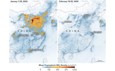 Les images satellites montrent une baisse de la pollution de l'air au-dessus de la Chine centrale et orientale suite à une mise en quarantaine imposée par le gouvernement en raison d'une épidémie de coronavirus. (Crédit : NASA Earth Observatory/Joshua Stevens)