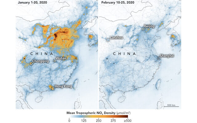 Les images satellites montrent une baisse de la pollution de l'air au-dessus de la Chine centrale et orientale suite à une mise en quarantaine imposée par le gouvernement en raison d'une épidémie de coronavirus. (Crédit : NASA Earth Observatory/Joshua Stevens) Les images satellites montrent une baisse de la pollution de l'air au-dessus de la Chine centrale et orientale suite à une mise en quarantaine imposée par le gouvernement en raison d'une épidémie de coronavirus. (Crédit : NASA Earth Observatory/Joshua Stevens)