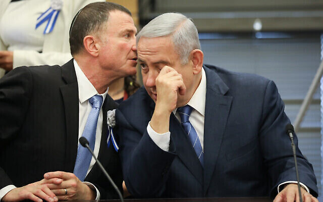 Le Premier ministre Benjamin Netanyahu (à droite) avec le président de la Knesset Yuli Edelstein lors d'une réunion du Likud à la Knesset, le 30 avril 2019. (Crédit : Noam Revkin Fenton/Flash90)