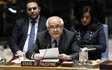 L'ambassadeur palestinien Riyad Mansour s'adresse au Conseil de sécurité des Nations Unies, au siège de l'ONU, le 22 janvier 2019. (Crédit : Richard Drew/AP)