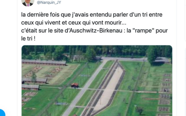 Le message Twitter de Jean-Yves Narquin, maire RN de la commune de Villedieu-le-Château (Loir-et-Cher), comparant les méthodes des nazis à Auschwitz-Birkenau avec le potentiel « tri » que doivent faire certains hôpitaux dans le cadre de l’épidémie de coronavirus. (Crédit : Twitter)