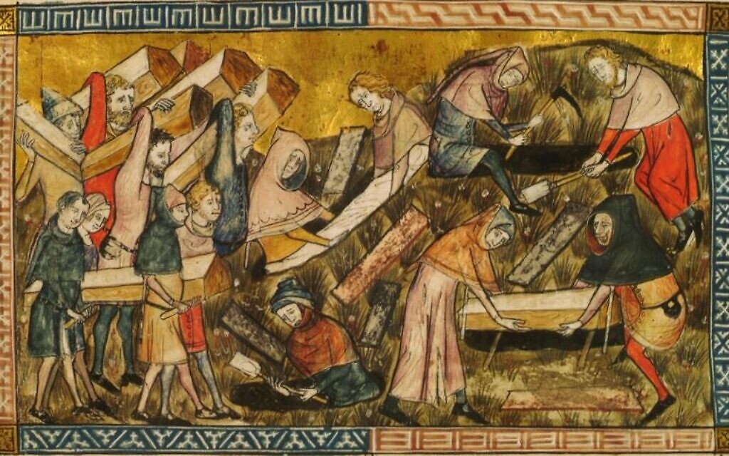 Des citoyens de Tournai enterrent des victimes de la peste noire. Pierart dou Tielt, 1340-1360 (Domaine public)