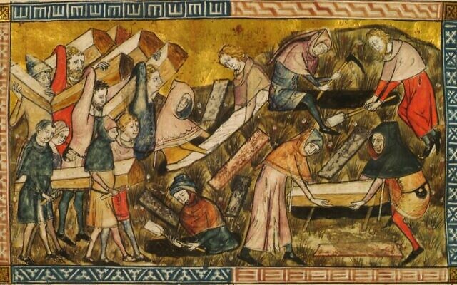 Des citoyens de Tournai enterrent des victimes de la peste noire. Pierart dou Tielt, 1340-1360 (Domaine public)