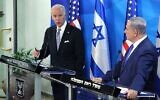 Le Premier ministre israélien Benjamin Netanyahu, (à droite), lors d'une conférence de presse conjointe avec le vice-président des États-Unis Joe Biden au bureau du Premier ministre à Jérusalem, le 9 mars 2016. (Amit Shabi/POOL)