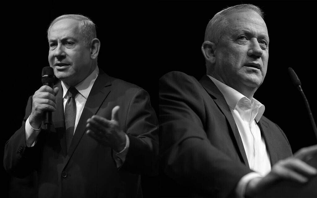 La photo composite montre le Premier ministre Benjamin Netanyahu, (à gauche), et le chef du parti Kakhol lavan, Benny Gantz, (à droite). (Flash90) La photo composite montre le Premier ministre Benjamin Netanyahu, (à gauche), et le chef du parti Kakhol lavan, Benny Gantz, (à droite). (Flash90)