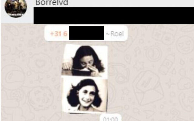Capture d'écran d'un mème sur Anne Frank partagé sur un groupe WhatsApp de jeune supporters du parti Forum for Democracy au Pays-Bas. (Crédit : HPDeTijd via JTA) Capture d'écran d'un mème sur Anne Frank partagé sur un groupe WhatsApp de jeune supporters du parti Forum for Democracy au Pays-Bas. (Crédit : HPDeTijd via JTA)