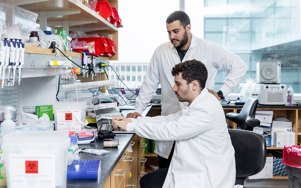 Jonathan Gootenberg, assis, et Omar Abudayyeh, debout, dans leur laboratoire du MIT, le 31 octobre 2019 (Crédit : McGovern Institute for Brain Research at MIT/ Photo by Caitlin Cunningham Photography)