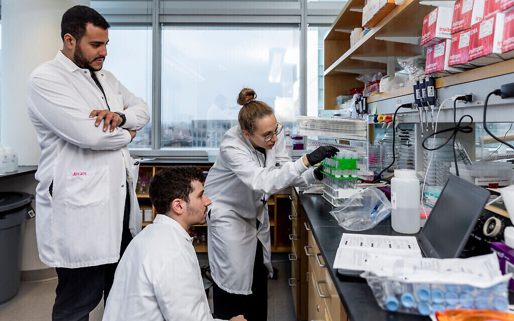 Jonathan Gootenberg, assis, et Omar Abudayyeh, débout, à gauche, travaillent au McGovern Institute à l'Institut de technologie du Massachusetts, le 31 octobre 2019 (Crédit : Institute of Technology, October 31, 2019 (McGovern Institute for Brain Research at MIT/ Photo by Caitlin Cunningham Photography)