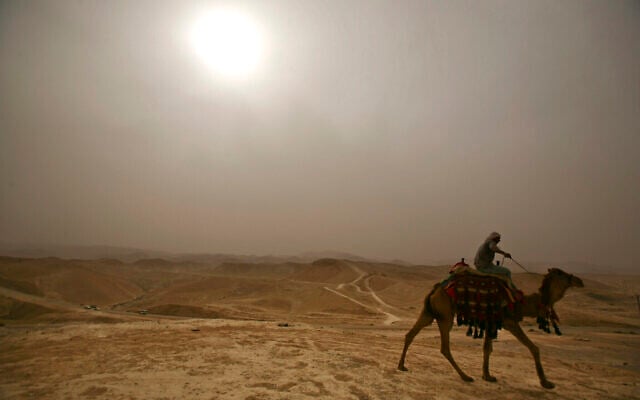 Un Arabe monte son chameau dans la brume aux alentours de la mosquée Nebi Musa, près de la ville de Jéricho, en Cisjordanie, lors d'une vague de chaleur, le 4 mai 2009. (AP Photo/Dan Balilty) Un Arabe monte son chameau dans la brume aux alentours de la mosquée Nebi Musa, près de la ville de Jéricho, en Cisjordanie, lors d'une vague de chaleur, le 4 mai 2009. (AP Photo/Dan Balilty)