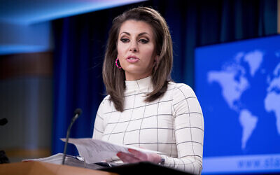 Morgan Ortagus, porte-parole du Département d'État américain, s'exprime lors d'une conférence de presse au Département d'État à Washington, le 17 juin 2019. (Crédit : AP Photo/Andrew Harnik)