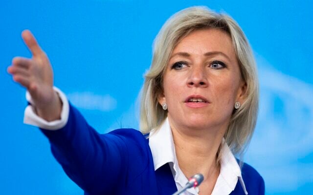 La porte-parole russe du ministère des Affaires étrangères Maria Zakharova à Moscou, en Russie, le vendredi 17 janvier 2020 (Crédit : AP Photo/Alexander Zemlianichenko) La porte-parole russe du ministère des Affaires étrangères Maria Zakharova à Moscou, en Russie, le vendredi 17 janvier 2020 (Crédit : AP Photo/Alexander Zemlianichenko)