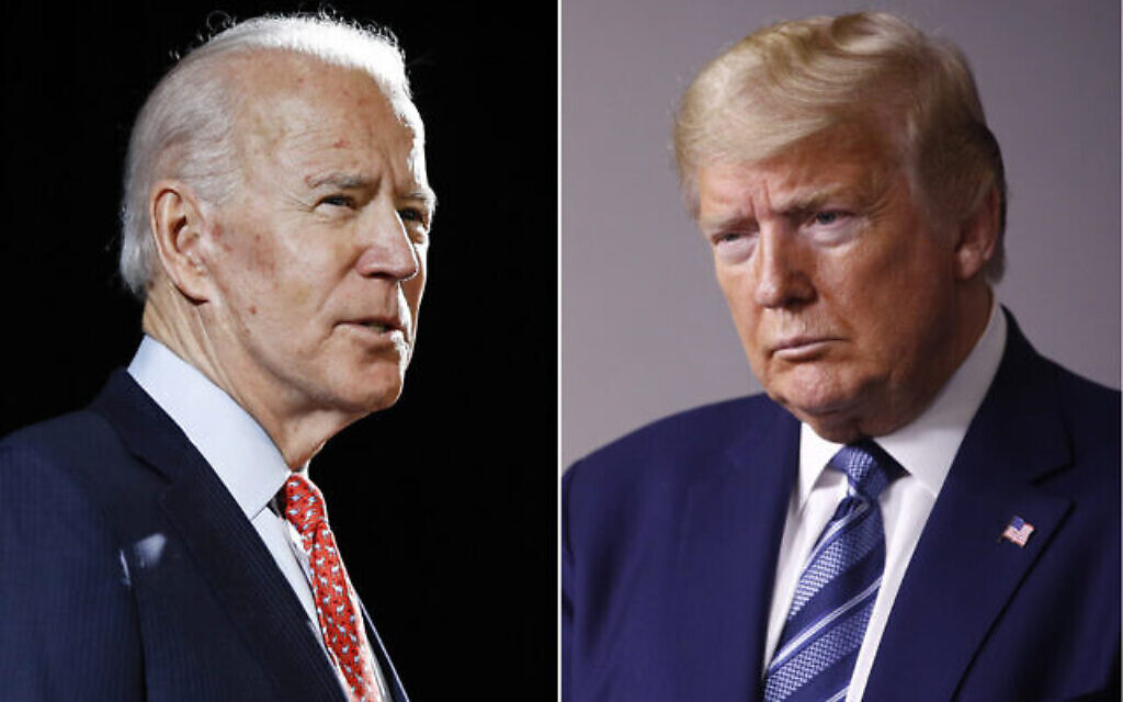 Montage : l'ancien vice-président américain Joe Biden s'exprime à Wilmington, Delaware, le 12 mars 2020, à gauche, et le président américain Donald Trump s'exprime à la Maison Blanche à Washington le 5 avril 2020. (Crédits : AP, archives) Montage : l'ancien vice-président américain Joe Biden s'exprime à Wilmington, Delaware, le 12 mars 2020, à gauche, et le président américain Donald Trump s'exprime à la Maison Blanche à Washington le 5 avril 2020. (Crédits : AP, archives)