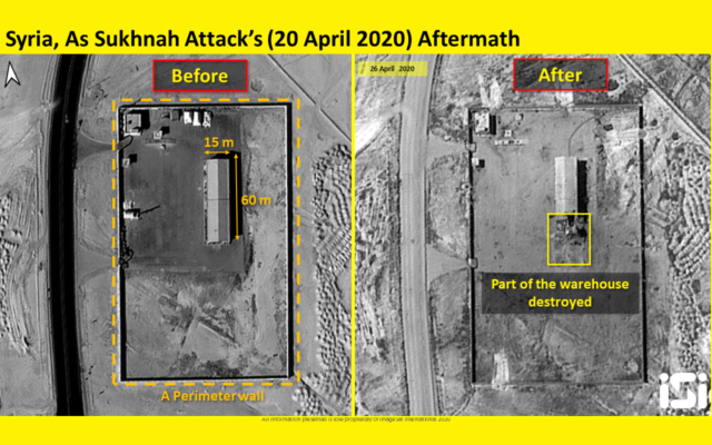 Des images satellites censées montrer les dégâts causés à la base militaire en périphérie de Palmyre lors de frappes aériennes perpétrées le 20 avril et attribuées à Israël, publiées par ImageSat International le 30 avril 2020. (Crédit : ImageSat International) Des images satellites censées montrer les dégâts causés à la base militaire en périphérie de Palmyre lors de frappes aériennes perpétrées le 20 avril et attribuées à Israël, publiées par ImageSat International le 30 avril 2020. (Crédit : ImageSat International)