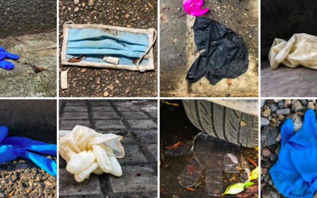 Des masques et des gants en plastique, utilisés pour se protéger du nouveau coronavirus puis jetés sans état d'âme dans les rues du Moyen Orient (Crédit : capture d'écran Facebook Omar Frangieh)