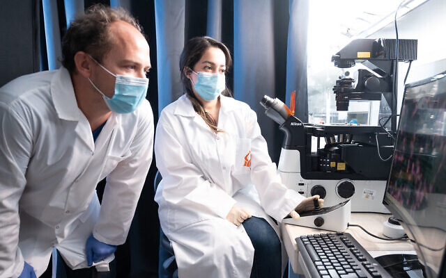 Esti Toledo, doctorante, et Guillaume Le Saux, chercheur en post-doc, du Département d'ingénierie de matériaux sont photographiés dans le laboratoire du Dr. Mark Schwartzman. En collaboration avec le laboratoire du professeur Prof. Angel Porgador, ils développent des revêtements à base de nano-matériels contre le virus et bactéries, dont le coronavirus. (Dani Machlis) Esti Toledo, doctorante, et Guillaume Le Saux, chercheur en post-doc, du Département d'ingénierie de matériaux sont photographiés dans le laboratoire du Dr. Mark Schwartzman. En collaboration avec le laboratoire du professeur Prof. Angel Porgador, ils développent des revêtements à base de nano-matériels contre le virus et bactéries, dont le coronavirus. (Dani Machlis)