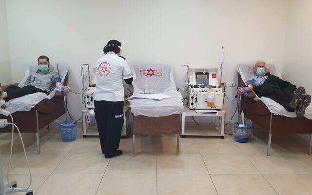 Du plasma contenant des anticorps est collecté auprès des patients ayant guéri du COVID-19 en Israël. (Crédit : Magen David Adom)