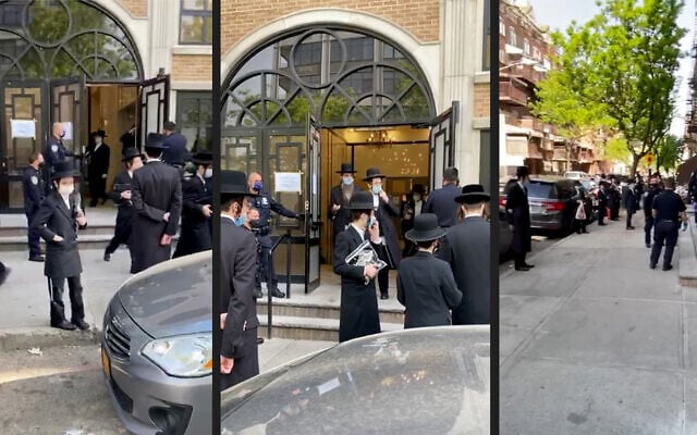 La police disperse une foule dans une synagogue à Brooklyn, New York, le 20 mai 2020. (Captures d'écran d'une vidéo WhatsApp)