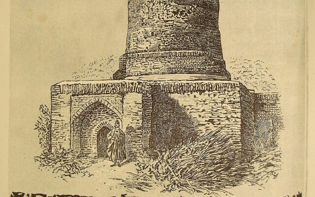 Un dessin du tombeau d'Esther et Mordechai à Hamadan, en Iran. L'inscription "Tombeau de Mordechai et de la reine Esther" est faite sous la forme d'un arc, au sommet de l'image (Crédit : Bibliothèque nationale d'Israël)