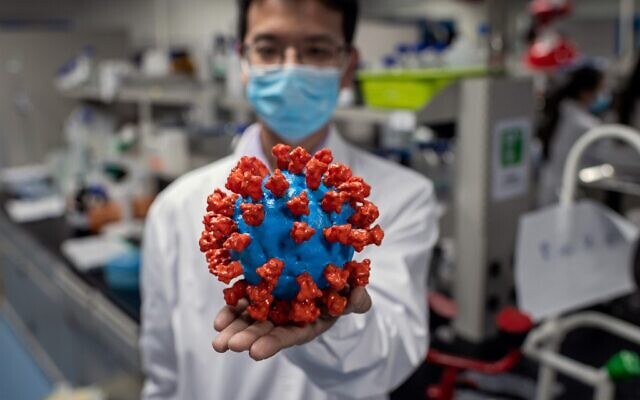 Cette photo prise le 29 avril 2020 montre un ingénieur tenant une maquette plastique du coronavirus COVID-19 au laboratoire de contrôle de la qualité des installations de Sinovac Biotech à Pékin. (Photo de NICOLAS ASFOURI / AFP) Cette photo prise le 29 avril 2020 montre un ingénieur tenant une maquette plastique du coronavirus COVID-19 au laboratoire de contrôle de la qualité des installations de Sinovac Biotech à Pékin. (Photo de NICOLAS ASFOURI / AFP)