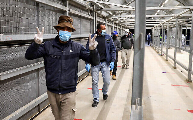 Des ouvriers palestiniens entrent en Israël à travers le poste-frontière de Mitar, dans le sud de la Cisjordanie, le 5 mai 2020. (Crédit : Wisam Hashlamoun/Flash90)