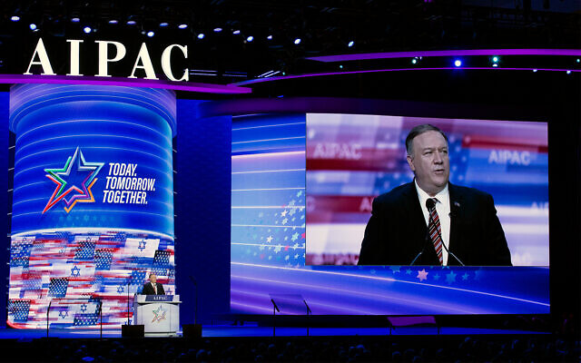 Le secrétaire d'État américain Mike Pompeo s'exprime lors de la conférence politique 2020 de l'American Israel Public Affairs Committee (AIPAC) à Washington, DC, le 2 mars 2020. (AP/Jose Luis Magana)