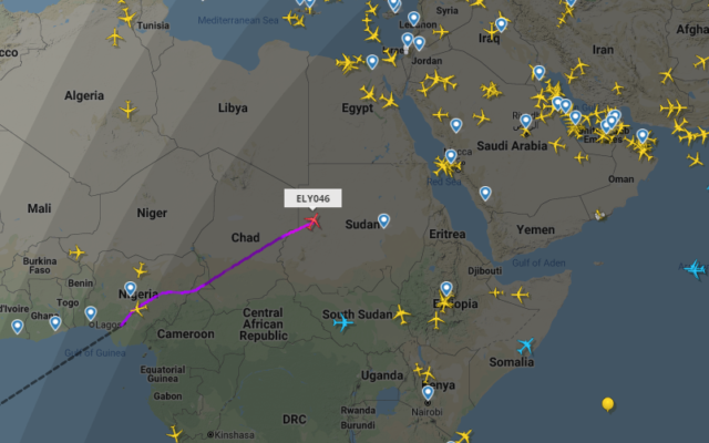 Une capture d'écran d'un site qui suite les avions montre un avion d'El Al volant au-dessus de l'espace aérien du Soudan, le 4 juin 2020. (Capture d'écran: flightradar24) Une capture d'écran d'un site qui suite les avions montre un avion d'El Al volant au-dessus de l'espace aérien du Soudan, le 4 juin 2020. (Capture d'écran: flightradar24)