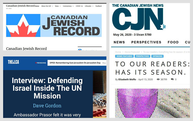De gauche à droite : captures écran du  Canadian Jewish Record, The Canadian Jewish News, and TheJ.ca.