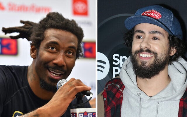 Amar'e Stoudemire, (à gauche), parle de sa spiritualité juive dans une interview avec Ramy Youssef. (Ed Zurga/BIG3/Getty Images ; Jim Spellman/WireImage/Getty Images via JTA)
