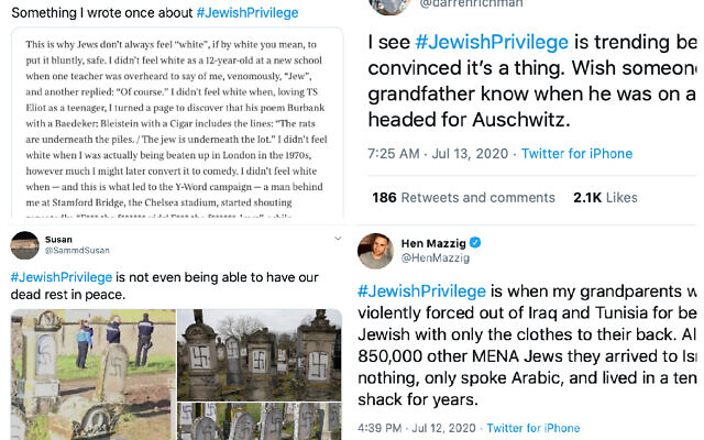 Des exemples de messages postés avec le hashtag #JewishPrivilege, en réponse à des tweets antisémites. (Twitter) Des exemples de messages postés avec le hashtag #JewishPrivilege, en réponse à des tweets antisémites. (Twitter)