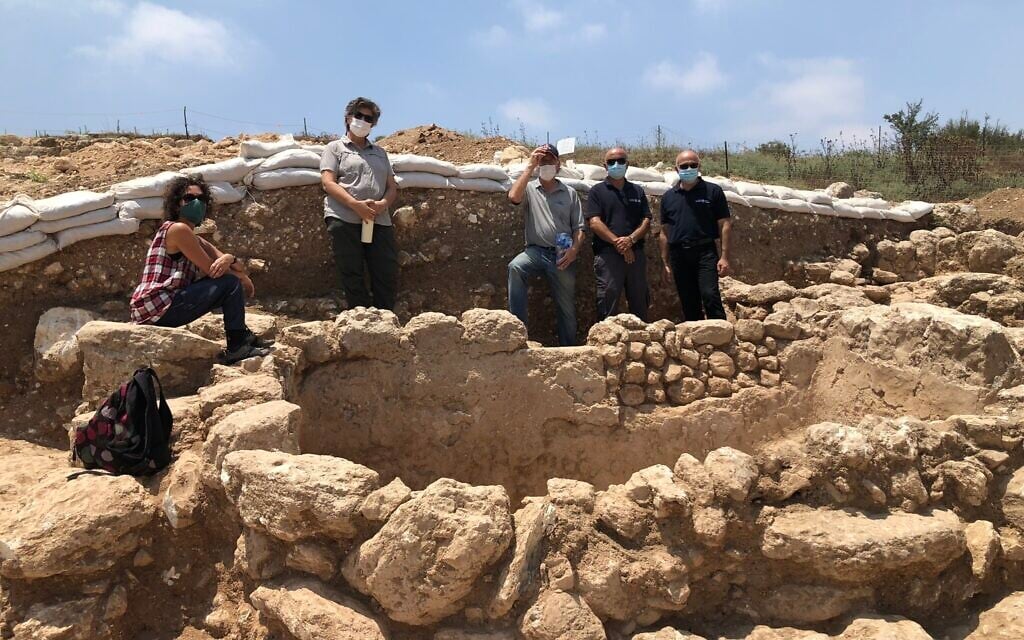 Les membres du Kibboutz Hannaton, Haviva Ner-David (gauche), Anat Harrel, et Steve Gray avec des archéologues près du mikvé de l'ère romaine découvert dans la vallée de Jezréel, au mois de juillet 2020 (Autorisation : Jessica Steinberg)