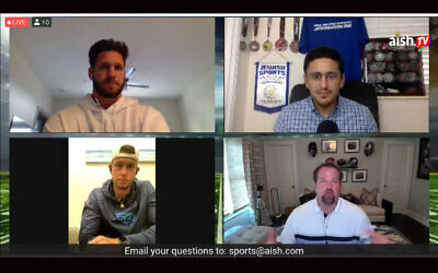 Des joueurs juifs de football ont participé à une conversation en ligne le 12 juillet 2013. Dans le sens des aiguilles d'une montre à partir d'en haut à gauche :  Anthony Firkser, l'organisateur de la  conversation Michael Neuman, Geoff Schwartz et Greg Joseph. (Capture d'un événement virtuel)