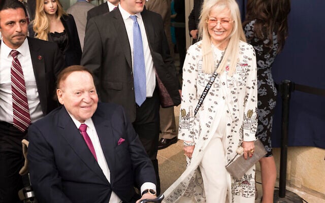 JERUSALEM, ISRAEL - MAY 14: (ISRAEL OUT) Chairman and chief executive officer of the Las Vegas Sands Corporation Sheldon Adelson (L) and his wife Miriam (R) arrive to the opening of the US embassy in Jerusalem on May 14, 2018 in Jerusalem, Israel. US President Donald J. Trump's administration officially transfered the ambassador's offices to the consulate building and temporarily use it as the new US Embassy in Jerusalem. Trump in December last year recognized Jerusalem as Israel's capital and announced an embassy move from Tel Aviv, prompting protests in the occupied Palestinian territories and several Muslim-majority countries. (Photo by Lior Mizrahi/Getty Images) JERUSALEM, ISRAEL - MAY 14: (ISRAEL OUT) Chairman and chief executive officer of the Las Vegas Sands Corporation Sheldon Adelson (L) and his wife Miriam (R) arrive to the opening of the US embassy in Jerusalem on May 14, 2018 in Jerusalem, Israel. US President Donald J. Trump's administration officially transfered the ambassador's offices to the consulate building and temporarily use it as the new US Embassy in Jerusalem. Trump in December last year recognized Jerusalem as Israel's capital and announced an embassy move from Tel Aviv, prompting protests in the occupied Palestinian territories and several Muslim-majority countries. (Photo by Lior Mizrahi/Getty Images)