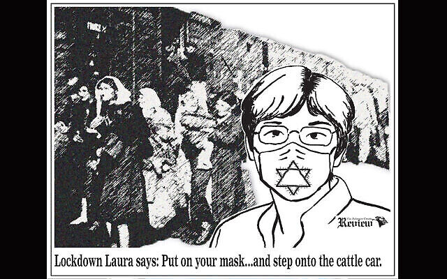 Un dessin satirique, publié le 3 juillet 2020 par l'Anderson County Review, critique la décision de la gouverneure du Kansas Laura Kelly d'imposer le port du masque aux habitants de l'État. (The Anderson County Review Facebook page via JTA)