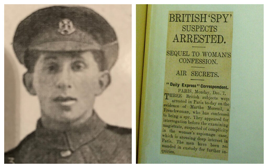 A gauche : Une photo de William 'Wolf' Fisher issue du tableau d'honneur de la communauté juive, datant du début de la Première guerre mondiale alors qu'il servait au sein du régiment du Middlesex comme simple soldat (Autorisation) ; un article de journal paru dans le Daily Express évoquant le démantèlement de la cellule d'espionnage (Crédit : Archives nationales) A gauche : Une photo de William 'Wolf' Fisher issue du tableau d'honneur de la communauté juive, datant du début de la Première guerre mondiale alors qu'il servait au sein du régiment du Middlesex comme simple soldat (Autorisation) ; un article de journal paru dans le Daily Express évoquant le démantèlement de la cellule d'espionnage (Crédit : Archives nationales)